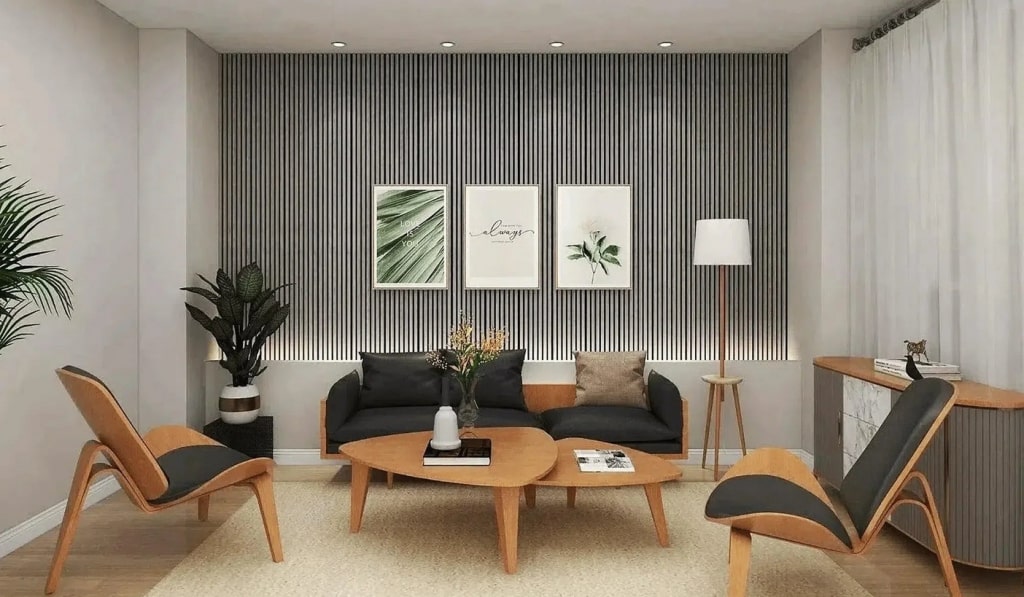 Profile decorative aplicate într-un living mic, creând impresia de spațiu înalt și aerisit