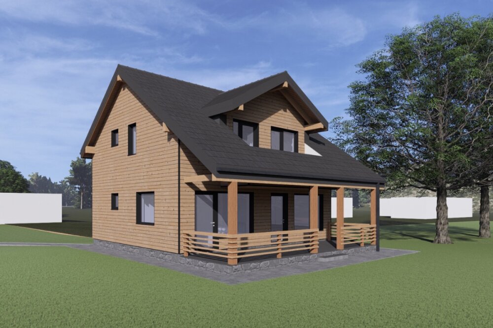 Casă modernă pe structură din lemn cu terasă acoperită, exemplu de proiect de casă din lemn sustenabilă realizat cu design eficient energetic.