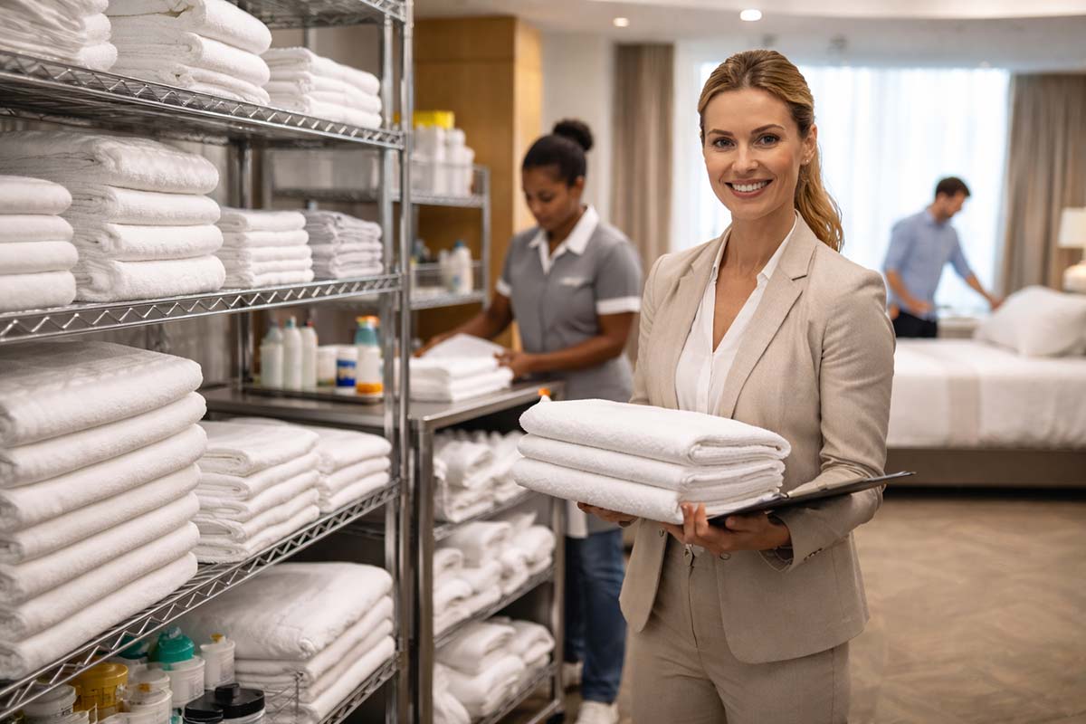 Manager hotel verifică prosoape și dotări HORECA într-o cameră pregătită pentru oaspeți