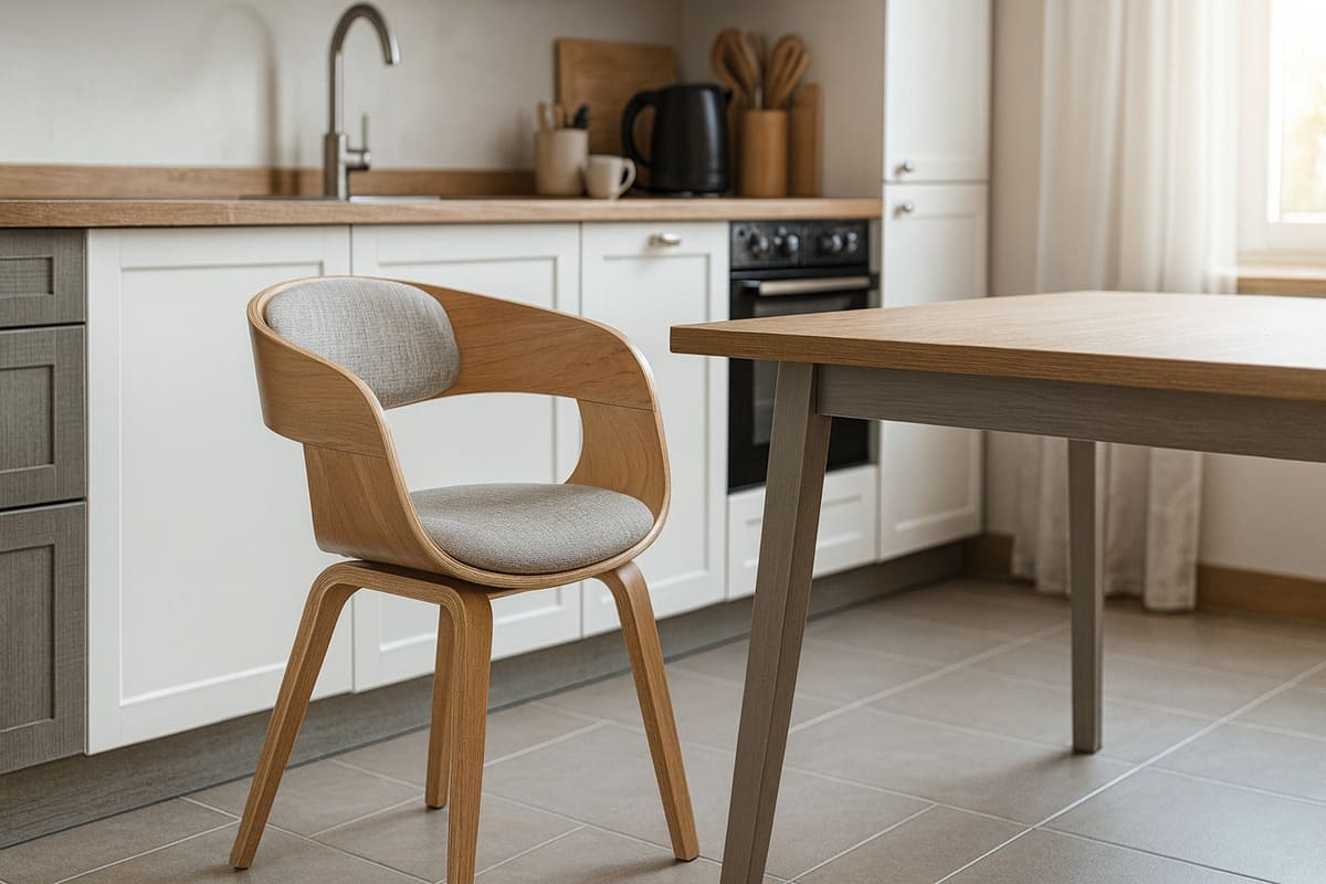 Scaun de bucătărie modern din lemn, cu tapițerie deschisă la culoare, integrat într-o amenajare minimalistă.