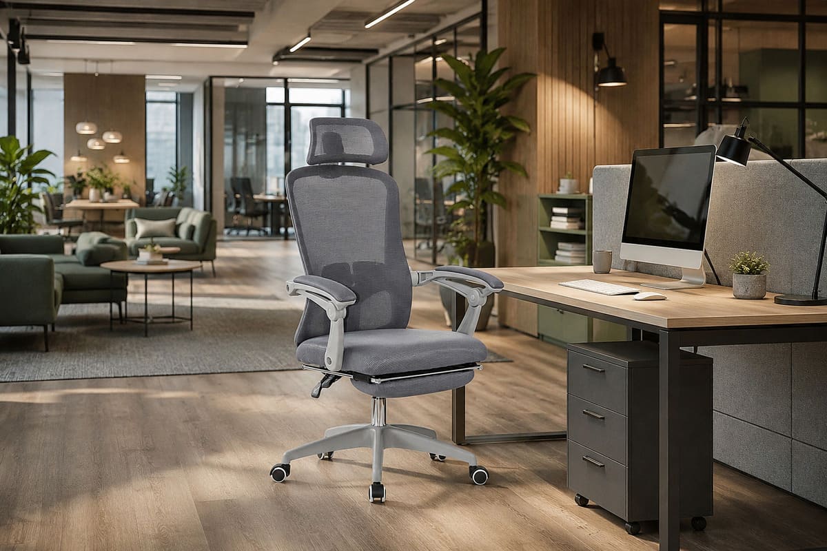 Scaun ergonomic gri într-un birou modern de tip home office, amenajat pentru lucru confortabil și postură corectă.