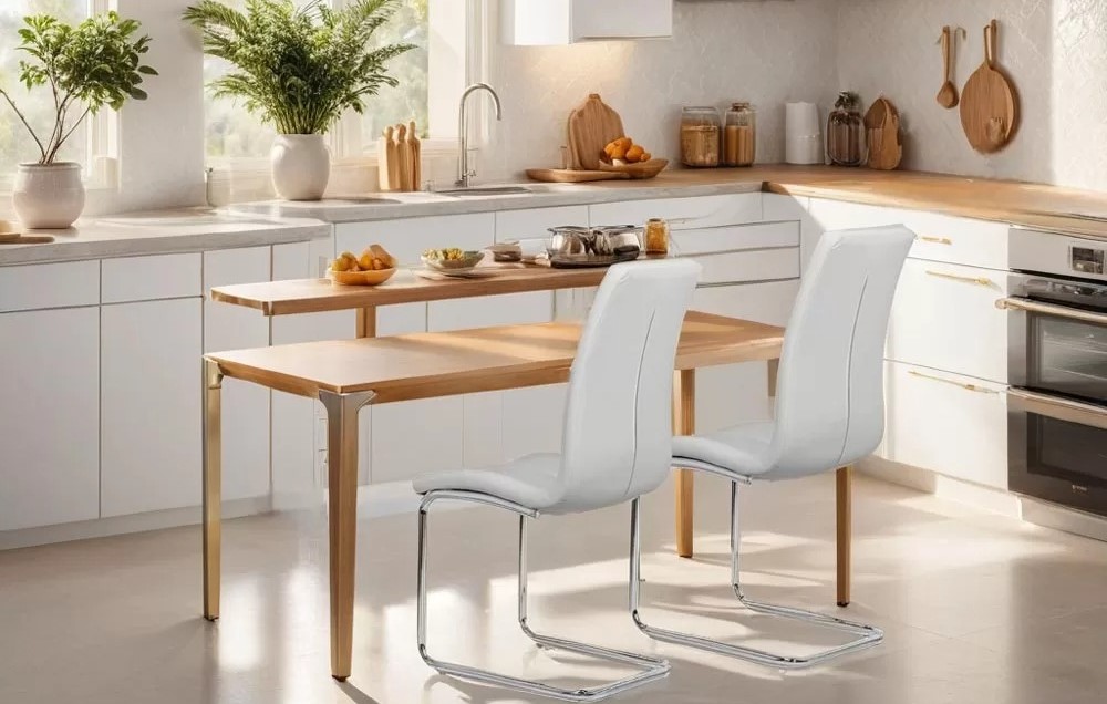 Scaune elegante de bucătărie, cu tapițerie din catifea verde și picioare metalice, într-un decor modern.