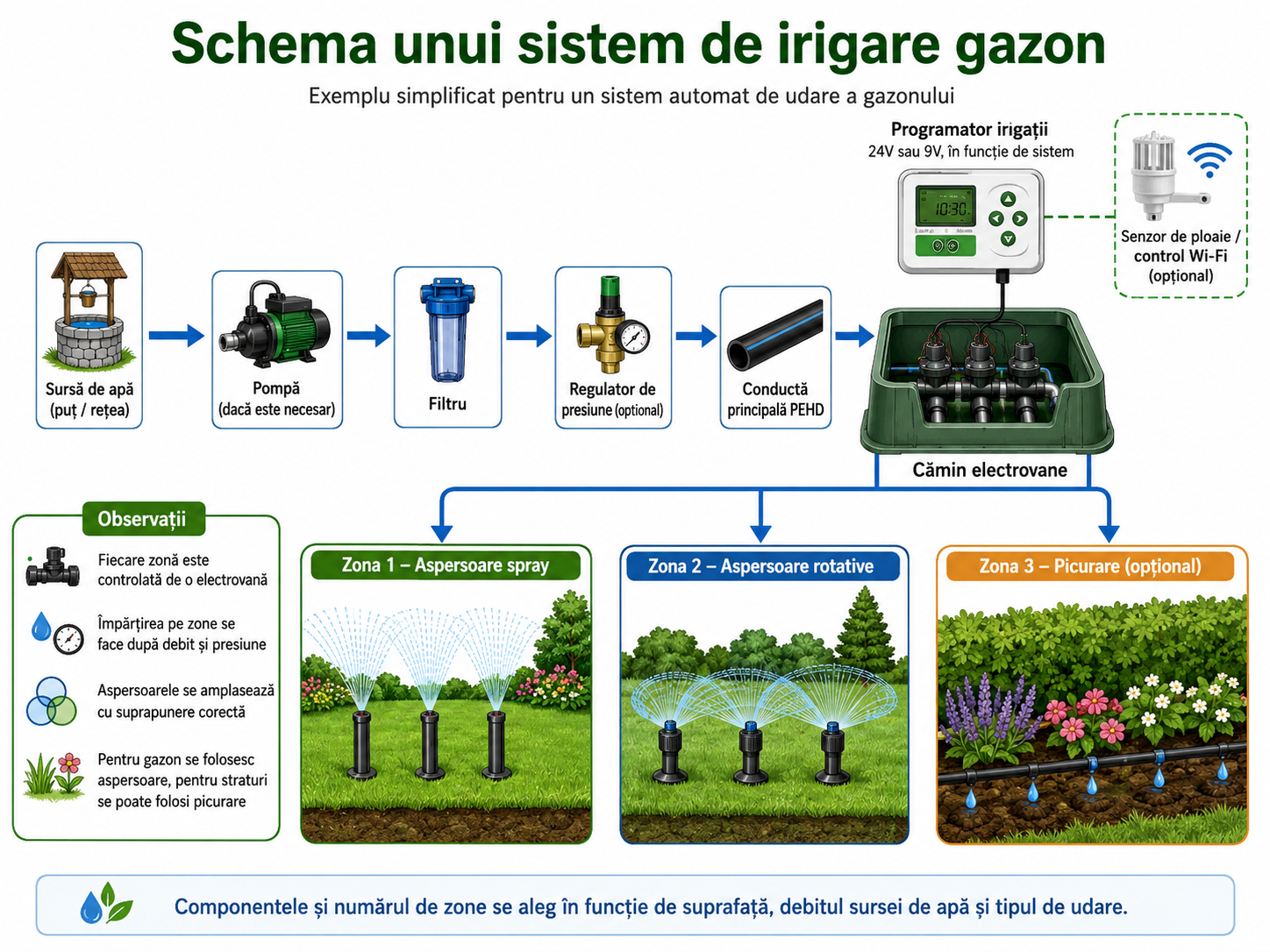 Schema unui sistem automat de irigații pentru gazon cu aspersoare, electrovane și programator.
