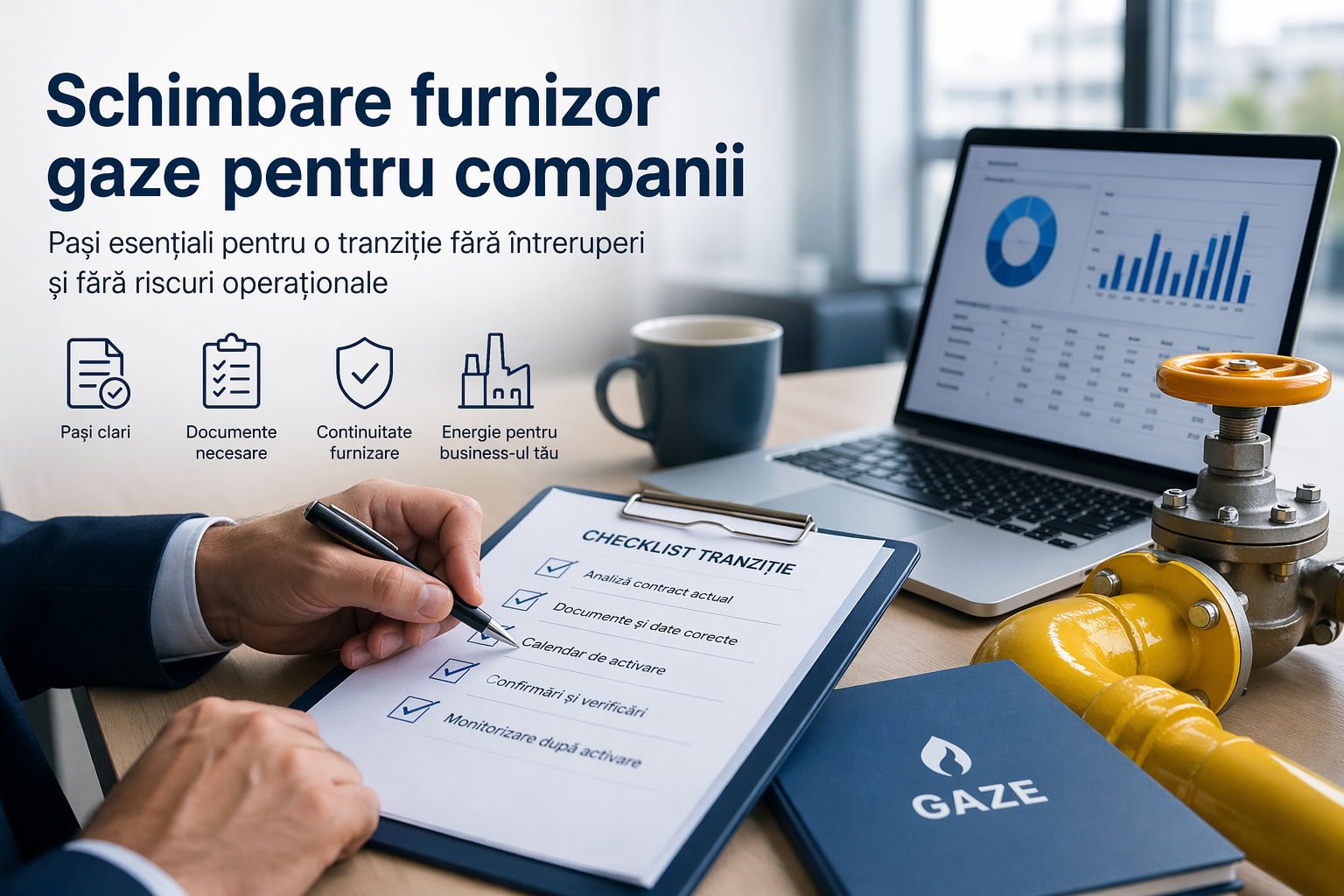 Pentru o companie, schimbarea furnizorului de gaze nu este doar o decizie comercială, ci și una operațională. Procesul poate fi gestionat fluent atunci când verificările sunt făcute la timp, documentele sunt corecte, iar responsabilitățile interne sunt clar stabilite. Pe scurt (TL;DR) •	Schimbarea furnizorului de gaze pentru o companie cere coordonare între echipa de achiziții, financiar, administrativ și operațional. •	Continuitatea furnizării depinde mai ales de corectitudinea datelor contractuale, a locului de consum și a calendarului de activare. •	Distribuția și infrastructura rămân separate de relația comercială, iar acest aspect trebuie înțeles corect înainte de tranziție. •	Un dosar incomplet sau nealinierea între contracte, puncte de consum și documente interne poate întârzia schimbarea. •	Companiile care tratează procesul ca proiect intern reduc riscul de blocaje, erori de facturare și neclarități după activare. •	Checklist-ul și FAQ-ul de mai jos te ajută să verifici pașii esențiali fără să intri în detalii inutile sau în comparații de preț. Pași În mediul B2B, schimbarea furnizorului de gaze trebuie privită ca un proces controlat, nu ca o simplă semnătură de contract. Obiectivul principal este să ai o tranziție clară, cu risc operațional redus, fără sincope între decizia comercială și activarea efectivă. 1.	Definește intern obiectivul schimbării. Stabilește de la început cine conduce proiectul și ce urmărești: claritate contractuală, consolidarea punctelor de consum, suport operațional mai bun sau o ofertă adaptată profilului de consum. Fără acest pas, procesul ajunge ușor într-o zonă strict administrativă, unde decizia se ia incomplet. 2.	Inventariază toate locurile de consum vizate. Verifică punctele de consum, adresele, titularul contractual, datele de identificare și corespondența dintre documentele interne și situația din teren. Pentru companiile cu mai multe sedii, diferențele mici de denumire sau adresă pot produce întârzieri inutile. 3.	Analizează contractul actual. Uită-te la perioada contractuală, condițiile de încetare, notificările necesare și responsabilitățile administrative la ieșire. Nu este suficient să știi când expiră contractul; trebuie să înțelegi ce obligații trebuie îndeplinite ca tranziția să se facă fără suprapuneri sau goluri de proces. 4.	Pregătește datele pentru noul furnizor. În această etapă devin importante documentele societății, actele aferente locului de consum și informațiile tehnice relevante. Dacă vrei să pornești structurat procesul de schimbare furnizor gaze, este util să centralizezi totul într-un singur dosar intern, validat înainte de trimitere. 5.	Confirmă calendarul de tranziție. Data dorită de activare trebuie corelată cu termenele administrative și cu fluxurile interne ale companiei. Echipele financiară și operațională trebuie să știe când se închide relația curentă și când începe noua relație contractuală, pentru a evita confuzii privind consumul și documentele ulterioare. 6.	Stabilește responsabilități după activare. Cine verifică prima factură, cine urmărește confirmarea locului de consum, cine semnalează eventualele neconcordanțe? Multe probleme apar nu la semnare, ci imediat după schimbare, când nimeni nu mai urmărește activ tranziția. 7.	Documentează închiderea proiectului. Păstrează într-un folder unic contractul nou, documentele transmise, confirmările primite și observațiile din primele săptămâni de furnizare. Pentru companiile cu audit intern sau proceduri de procurement, această arhivare este la fel de importantă ca negocierea în sine. Continuitate furnizare Cea mai mare preocupare pentru o companie nu este, de regulă, semnarea noului contract, ci continuitatea furnizării. În practică, riscurile apar atunci când procesul este tratat fragmentat: contractul este semnat, dar datele din documentație nu corespund, punctul de consum nu este identificat corect sau data de intrare în vigoare nu este aliniată între părți. Este important să separi clar rolurile din lanțul de furnizare. Relația comercială cu furnizorul nu este același lucru cu infrastructura prin care ajunge gazul la locul de consum. Din acest motiv, schimbarea trebuie coordonată administrativ și operațional, nu doar comercial. O companie care are o evidență clară a locurilor de consum și o persoană responsabilă intern reduce semnificativ riscul de neclarități. În plus, verifică din timp dacă există particularități legate de programul de lucru al punctului de consum, de sezonalitate, de consumatorii interni sau de procesele care nu tolerează întreruperi. Pentru spații logistice, unități de producție, clădiri de birouri mari sau rețele de sedii, schimbarea furnizorului trebuie tratată ca un proiect de continuitate operațională, nu doar ca un dosar de achiziție. Documente Lista exactă poate varia în funcție de profilul companiei și de particularitățile locului de consum, însă câteva categorii apar frecvent în aproape orice schimbare de furnizor: datele firmei, documentele de reprezentare, informațiile de identificare ale locului de consum și documentele cerute pentru formalizarea relației contractuale. Cea mai bună practică este să eviți trimiterea „în etape”, cu completări succesive, și să lucrezi din start cu un pachet verificat intern. Checklist operațional înainte de transmiterea documentelor •	Verifică dacă denumirea companiei este identică în toate documentele transmise. •	Confirmă adresa exactă a fiecărui loc de consum și corelarea cu evidențele interne. •	Asigură-te că persoana semnatară are drept de reprezentare sau documentele necesare. •	Centralizează într-un singur loc informațiile contractuale și istoricul relevant al punctului de consum. •	Validează intern data dorită de activare cu echipele financiară și operațională. •	Stabilește cine răspunde la eventuale solicitări de clarificări după trimiterea dosarului. •	Păstrează versiunea finală a documentelor exact în forma trimisă, pentru urmărire și audit intern. Acest checklist pare simplu, dar tocmai pașii aparent minori fac diferența între o tranziție fluidă și una cu reveniri, emailuri suplimentare și întârzieri. În companiile cu mai multe aprobări interne, este util ca dosarul să fie verificat o singură dată cap-coadă înainte de trimitere, nu după ce apar observațiile. Greșeli frecvente •	Se pornește prea târziu. Când analiza începe aproape de data dorită pentru schimbare, echipa internă nu mai are spațiu pentru verificări. Rezultatul este o decizie grăbită și un proces vulnerabil la erori administrative. •	Se verifică doar contractul, nu și datele locului de consum. Multe companii se concentrează pe termenii comerciali și ignoră detaliile operaționale. Tocmai aceste detalii determină dacă activarea se face fără complicații. •	Nu există un responsabil intern unic. Când achizițiile, financiarul și administrativul lucrează separat, apar versiuni diferite ale acelorași informații. Un singur owner de proiect reduce riscul de blocaj și de răspunsuri contradictorii. •	Prima etapă după activare nu este urmărită. După semnare, unele companii consideră proiectul închis. În realitate, verificarea confirmărilor și a primei documentații emise este esențială pentru a observa rapid eventuale neconcordanțe. •	Se confundă obiectivul comercial cu execuția operațională. O ofertă bună pe hârtie nu compensează un proces intern slab. Fără disciplină administrativă, costul real apare în timp pierdut, clarificări repetate și expunere la risc operațional. FAQ 1. Schimbarea furnizorului de gaze înseamnă și schimbarea infrastructurii sau a rețelei? Nu, în mod obișnuit, compania schimbă relația comercială de furnizare, nu infrastructura fizică prin care este alimentat locul de consum. Din perspectivă operațională, tocmai de aceea trebuie urmărite corect elementele administrative și contractuale. Confuzia între furnizare și infrastructură apare des și poate crea așteptări greșite în organizație. Pentru echipele non-tehnice, este util ca această diferență să fie explicată clar încă de la începutul proiectului. 2. Cât de devreme ar trebui să înceapă o companie analiza pentru schimbare? Recomandarea practică este să începi suficient de devreme încât să ai timp pentru inventarierea locurilor de consum, analiza documentelor actuale și validările interne. Nu este vorba doar despre semnarea unui contract nou, ci despre pregătirea unei tranziții fără blocaje. Cu cât ai mai multe sedii, aprobări interne sau particularități operaționale, cu atât este mai important să tratezi procesul din timp, ca proiect coordonat, nu ca sarcină punctuală. 3. Ce echipe interne ar trebui implicate într-o schimbare de furnizor gaze business? În majoritatea companiilor, sunt relevante cel puțin achizițiile, financiarul și zona administrativ-operațională. În unele cazuri se adaugă juridicul, managementul de locație sau departamentul tehnic. Chiar dacă una dintre echipe conduce formal procesul, succesul depinde de alinierea tuturor. Achizițiile pot negocia și coordona, financiarul verifică impactul contractual și documentar, iar operaționalul validează realitatea din teren și nevoia de continuitate a activității. 4. Ce se întâmplă dacă datele din documente nu coincid perfect? Neconcordanțele aparent mici pot produce întârzieri sau solicitări suplimentare de clarificări. Diferențele de adresă, denumire, punct de consum sau reprezentare legală sunt printre cele mai frecvente cauze de revenire asupra dosarului. De aceea este recomandat ca firma să facă o verificare internă completă înainte de transmitere. Costul unei revizuiri preventive este mult mai mic decât costul operațional al unei tranziții gestionate în grabă sau cu documentație fragmentată. 5. Este suficient să semnezi contractul nou pentru ca procesul să fie închis? Nu. Semnarea este doar una dintre etape. După aceasta, compania trebuie să urmărească activarea conform calendarului stabilit, confirmările primite și primele documente rezultate din noua relație contractuală. În lipsa acestei verificări, unele neconcordanțe pot fi observate prea târziu. Pentru organizațiile care lucrează procedural, este utilă o etapă formală de post-activare, cu responsabil clar și listă de verificări standardizată. 6. Cum poate o companie să reducă riscul operațional fără să complice inutil procesul? Prin disciplină și claritate, nu prin birocrație suplimentară. Un dosar centralizat, un responsabil intern, o listă de verificare scurtă și o confirmare a calendarului sunt de obicei suficiente pentru a reduce majoritatea riscurilor. Problemele apar mai ales atunci când informațiile sunt dispersate, deciziile se iau fragmentat și nimeni nu urmărește tranziția până la capăt. Cu un flux intern simplu și bine definit, procesul rămâne controlabil și predictibil. Concluzie Schimbarea furnizorului de gaze pentru o companie nu ar trebui evaluată doar prin prisma deciziei comerciale, ci și a modului în care este gestionată tranziția. Când ai documente validate, responsabilități interne clare și un calendar realist, reduci riscul de blocaje și poți păstra procesul sub control. Dacă vrei să discuți următorii pași într-un format adaptat profilului de consum și structurii companiei tale, poți cere o ofertă pentru o analiză personalizată. Disclaimer: Articol cu rol informativ; condițiile concrete de furnizare și documentația necesară pot diferi în funcție de profilul de consum și de situația fiecărui loc de consum.