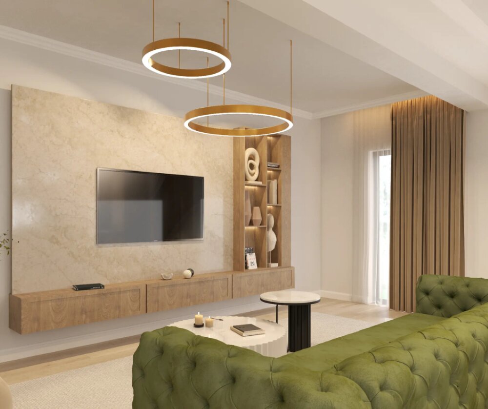 Living modern amenajat elegant, cu mobilier minimalist, corpuri de iluminat circulare și finisaje calde, într-un proiect de design interior realizat de RaDesign.