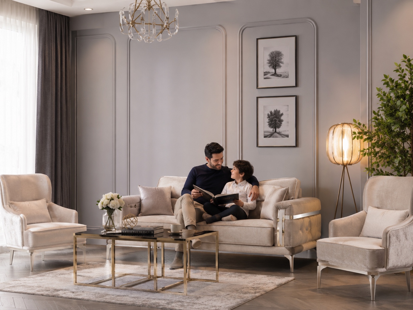 Set de canapea și fotolii crem într-un living luminos, cu masă de cafea, lampă decorativă și atmosferă elegantă de familie.