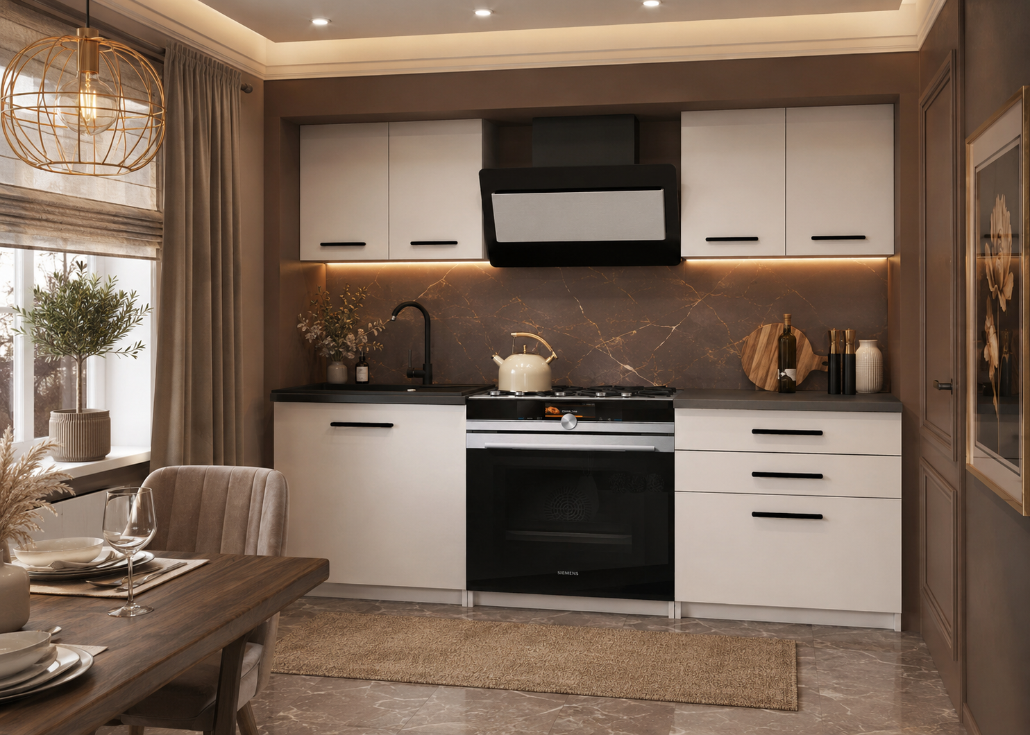 Set de mobilier de bucătărie ieftin online, cu fronturi albe și design modern Belini