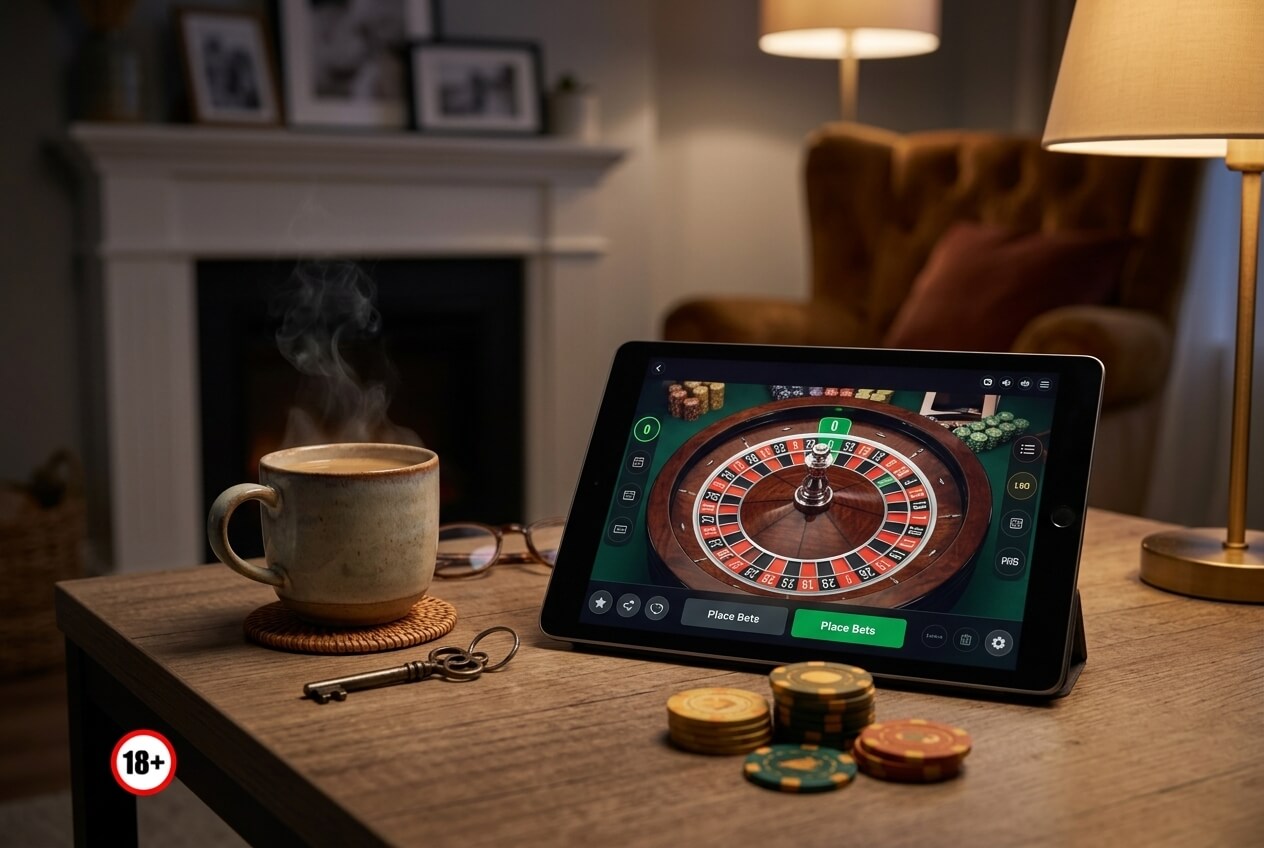 Laptop și căști într-un set-up de acasă pentru iGaming destinat adulților