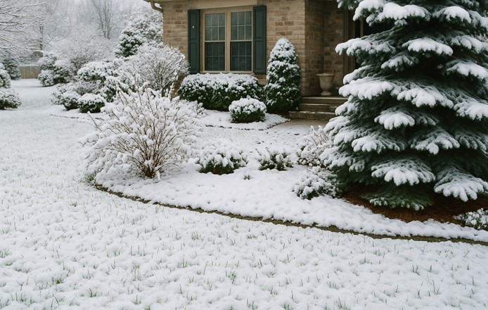 Grădină rezidențială iarna, cu gazon și plante ornamentale acoperite de zăpadă, protejate natural de frig