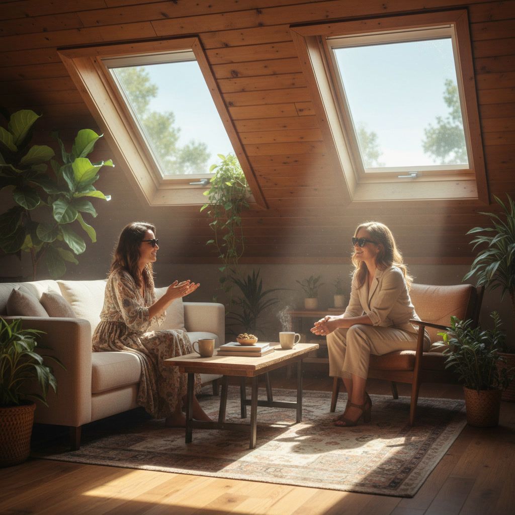 Cameră de mansardă cu ferestre de acoperiș și lumină naturală, amenajată pentru confort interior