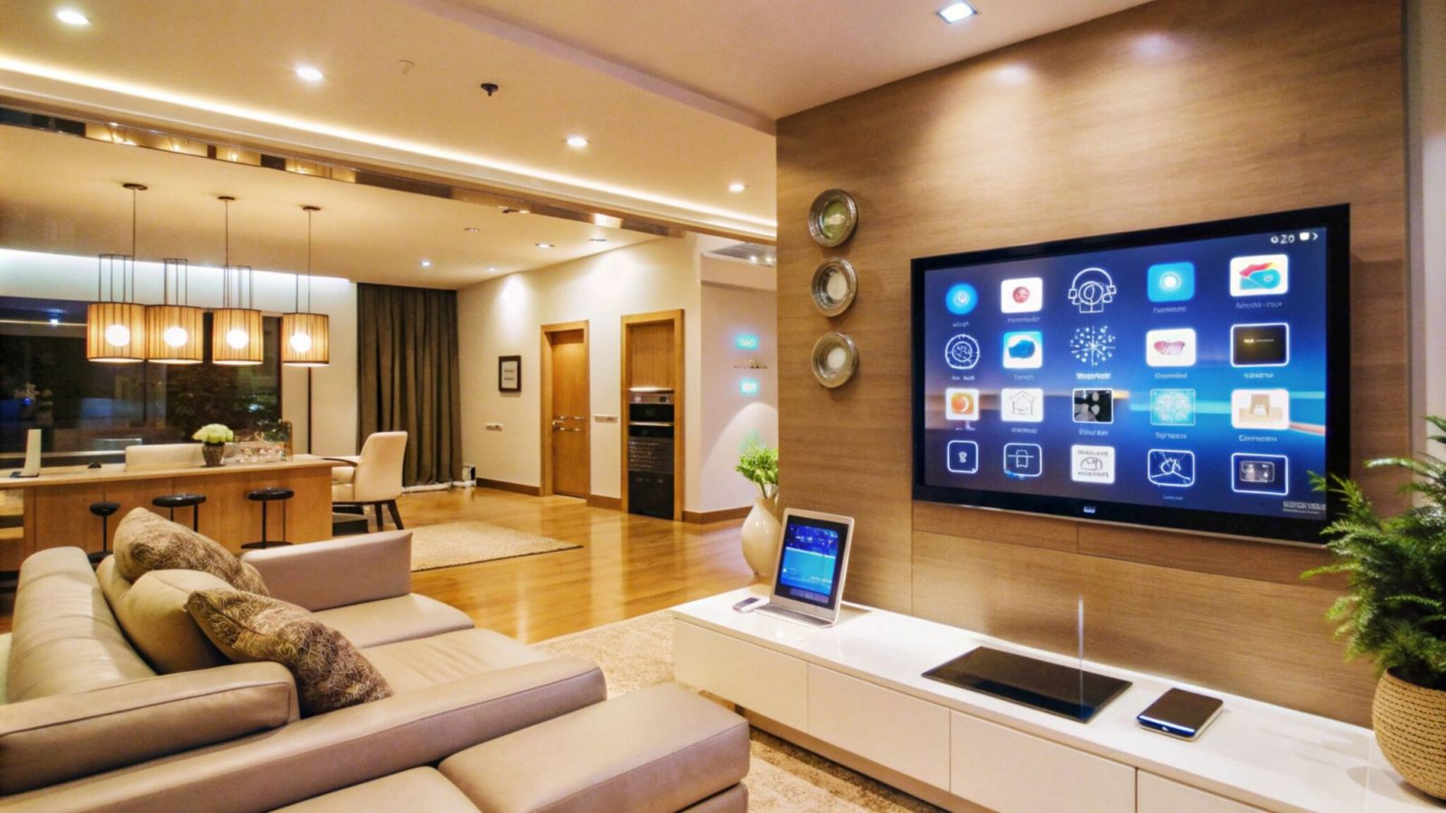 Living modern cu sistem smart home integrat, ecran de control pentru iluminat, securitate și dispozitive IoT, într-un design interior minimalist.
