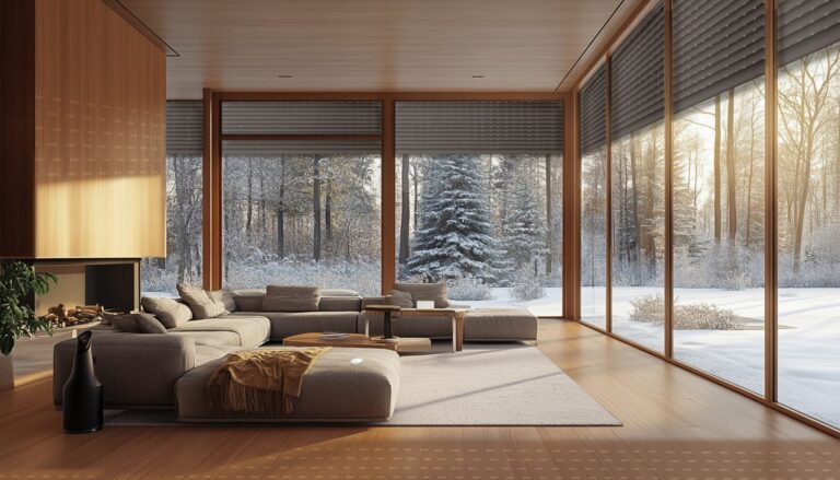 Interior de locuință smart, cu jaluzele motorizate Somfy și lumină naturală controlată automat, într-un scenariu de confort pe timp de iarnă.  Imagine 2 – exterior / pergolă