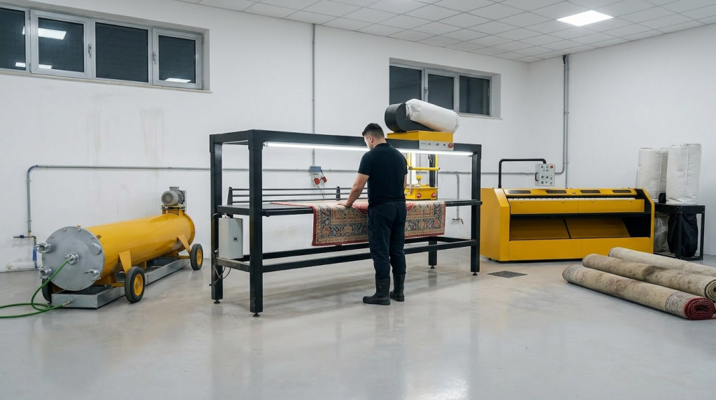 Atelier profesional de spălare covoare în Cluj, cu echipamente specializate pentru curățare, extracție și uscare controlată.