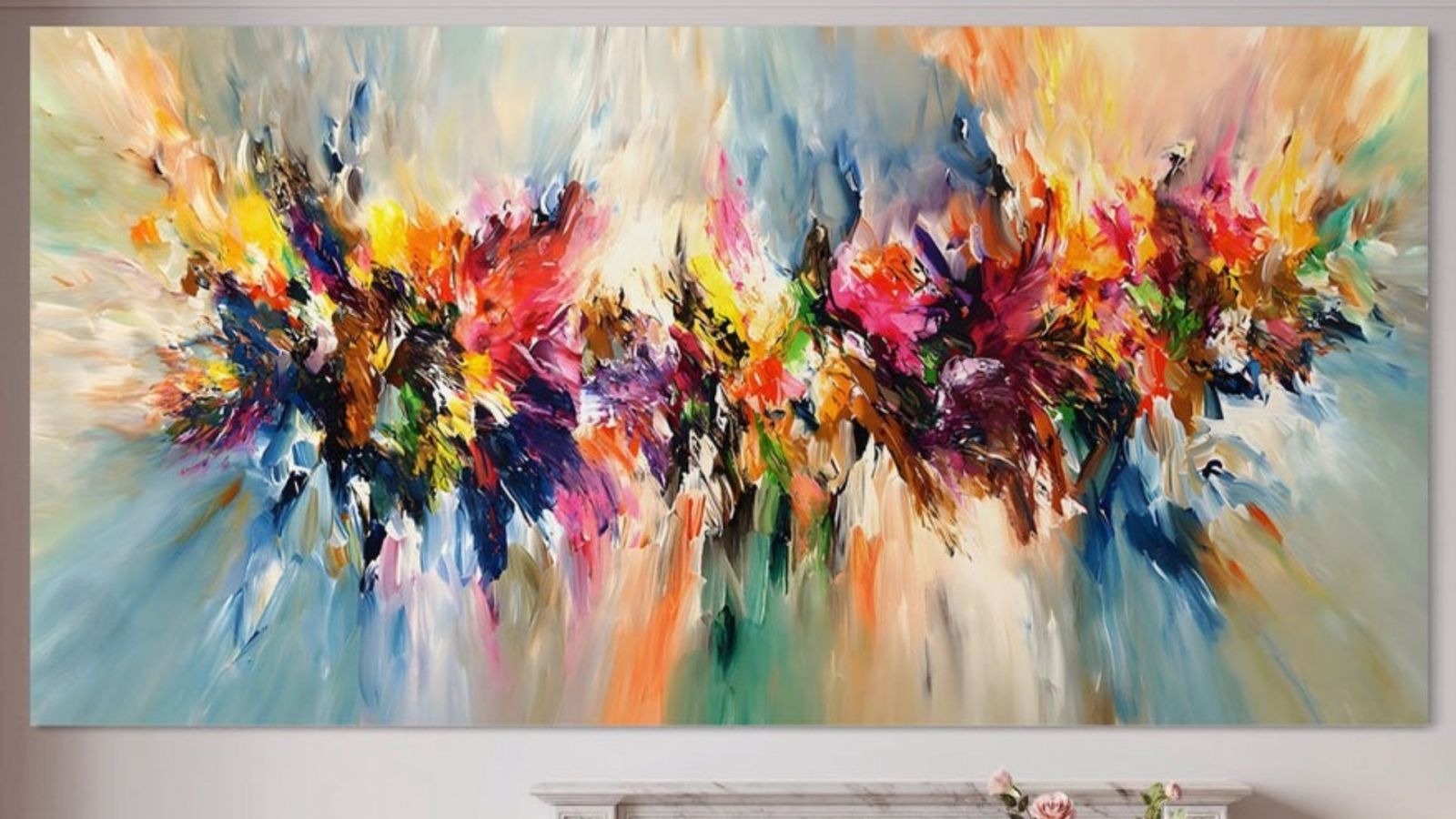 Tablou canvas abstract multicolor, dimensiuni mari, montat deasupra canapelei într-un living modern luminos.