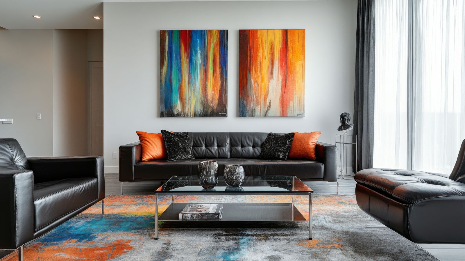 Living modern cu mobilier negru, covor abstract colorat și tablouri canvas decorative în nuanțe intense, potrivite pentru un decor interior echilibrat.