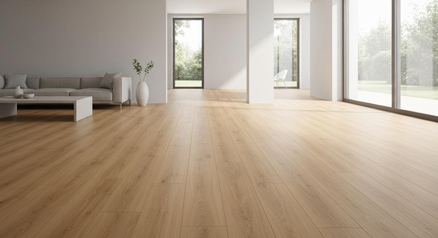 Living modern, luminos, cu pardoseală din parchet laminat în nuanță naturală de lemn, potrivit pentru tendințele de amenajare interioară 2026.