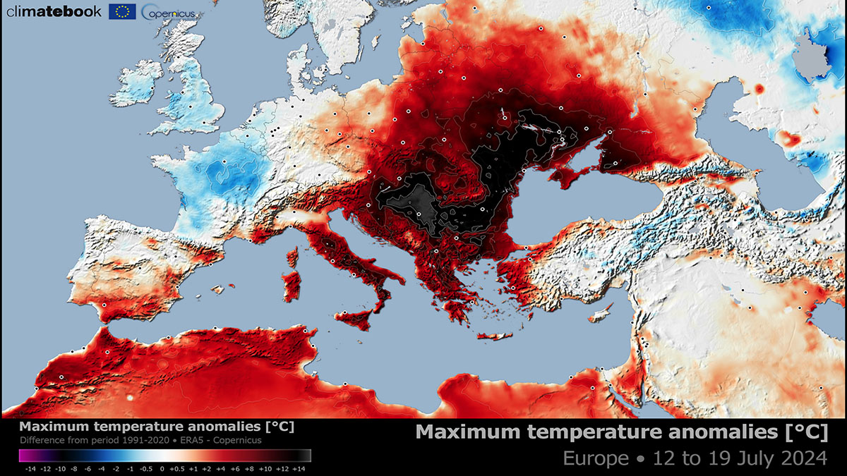 Harta valurilor de canicula din Europa prezinta regiunile cu anomalii (rosu inchis)
