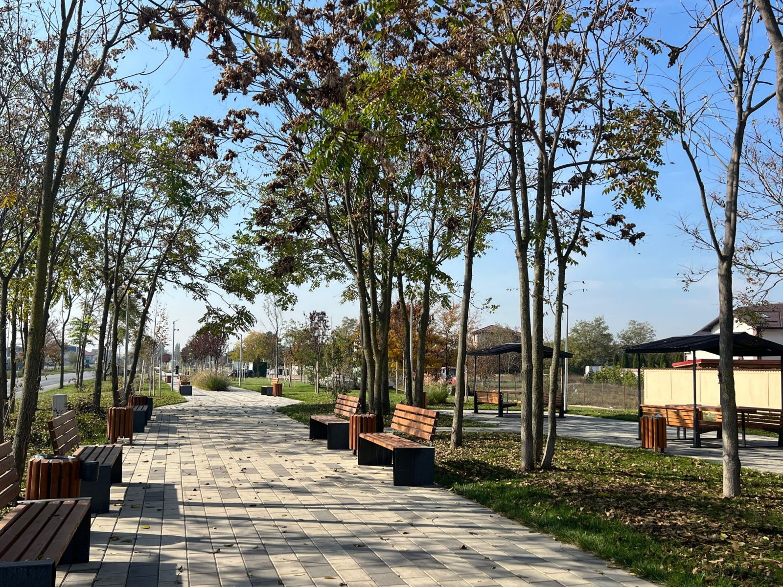Alee pietonală cu bănci și spații verzi în zona rezidențială din Bragadiru, aproape de noile ansambluri de locuințe.